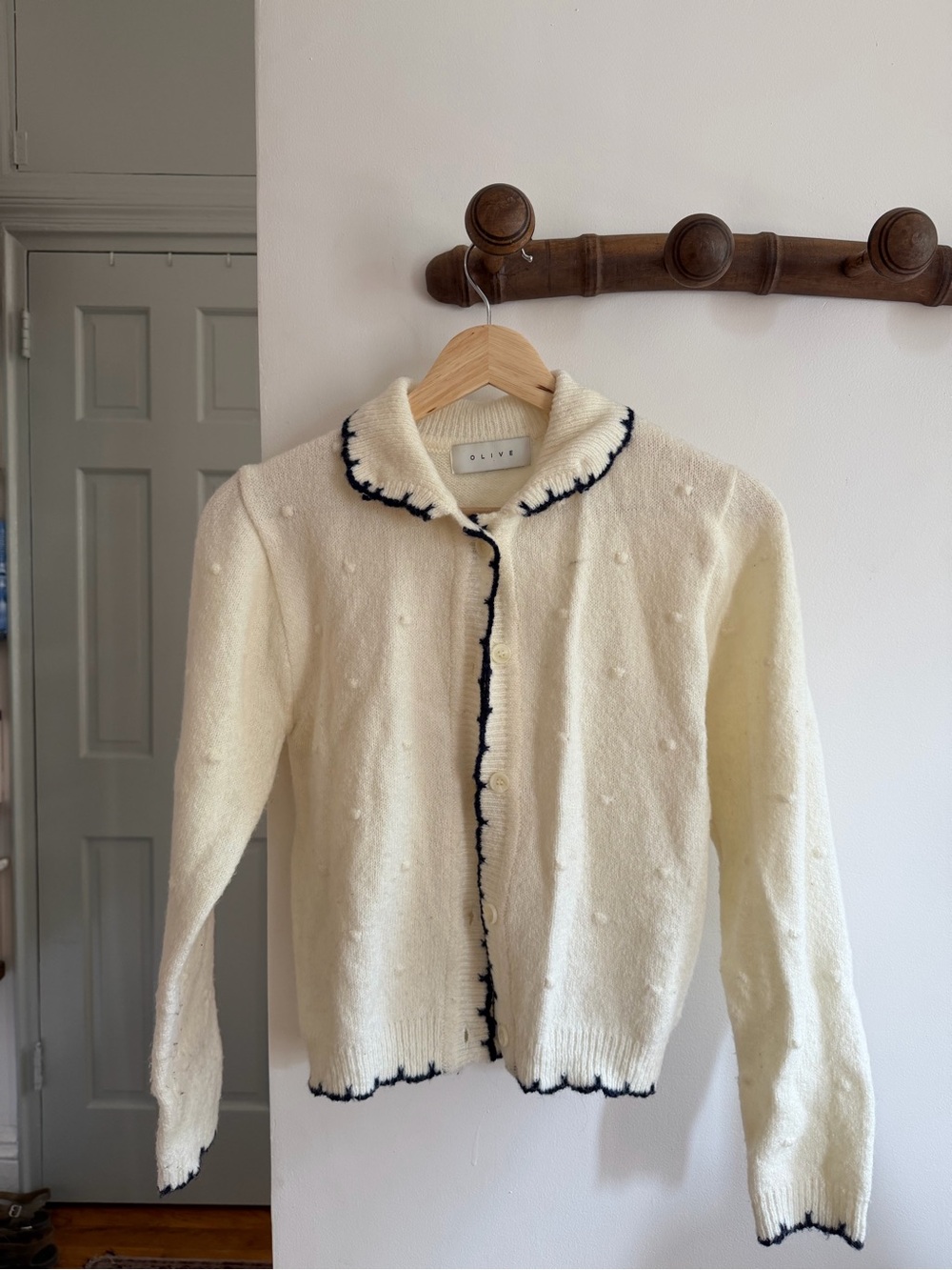 Olive Cream Pointelle Cardigan with Black Trim